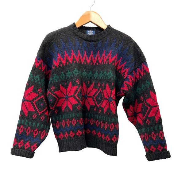 Authentic True Vintage GAP 100% Wool Vintage Sweater size L Black Navy Red Green - Picture 1 of 6